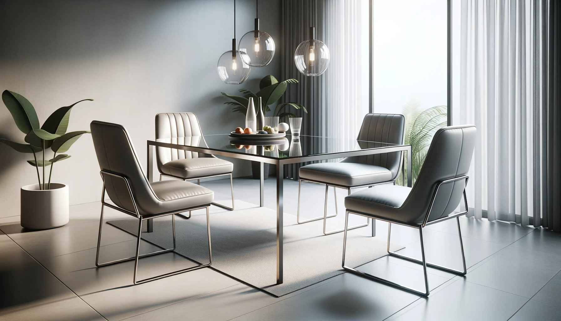 A 4 seater dining table is the center of attention in a kitchen.