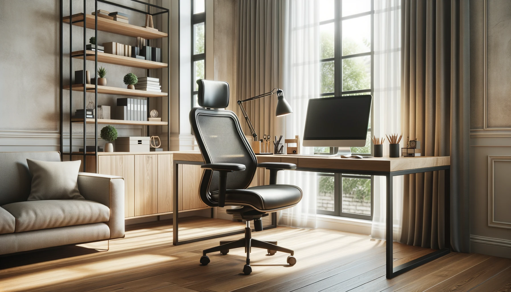 comfortable office chair with ergonomic design, positioned in front of a wooden desk equipped with a computer and stationery.
