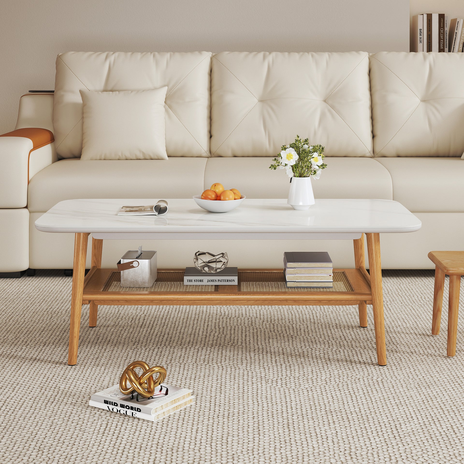 Remini Ceramic top Coffee Table, 1.2M, White & Wood