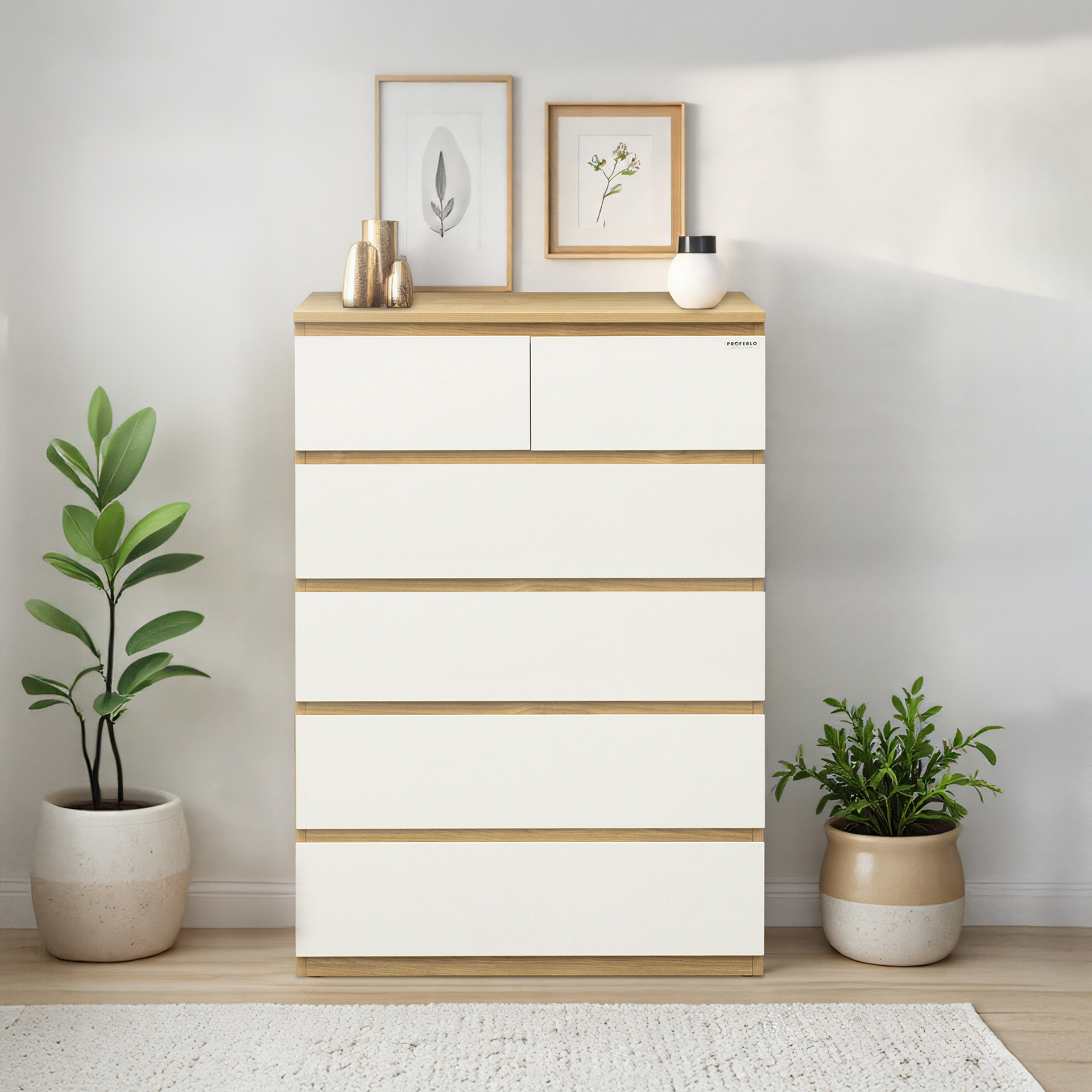 Sotta 6-Drawer Tallboy, Oak & White