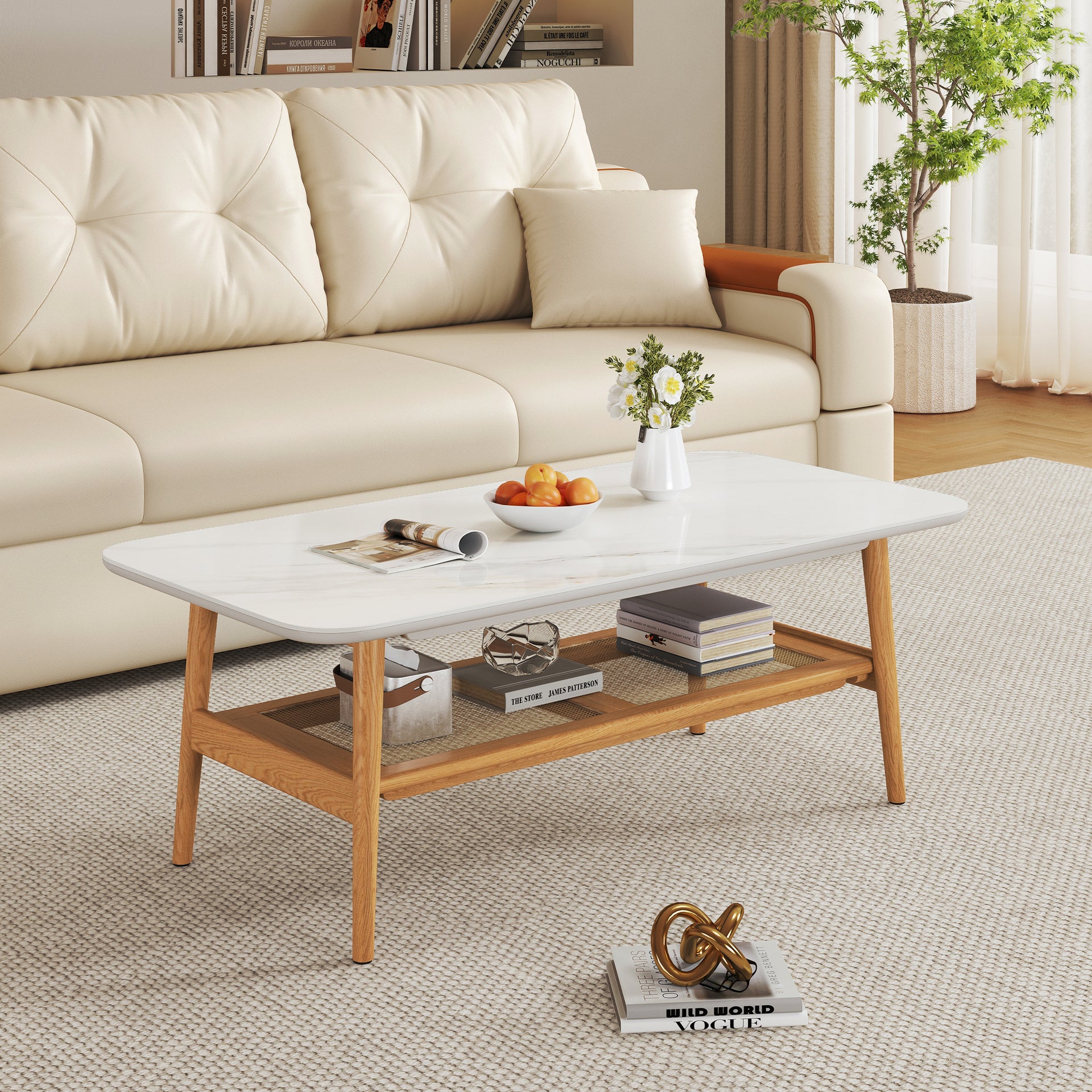 Remini Ceramic top Coffee Table, 1.2M, White & Wood