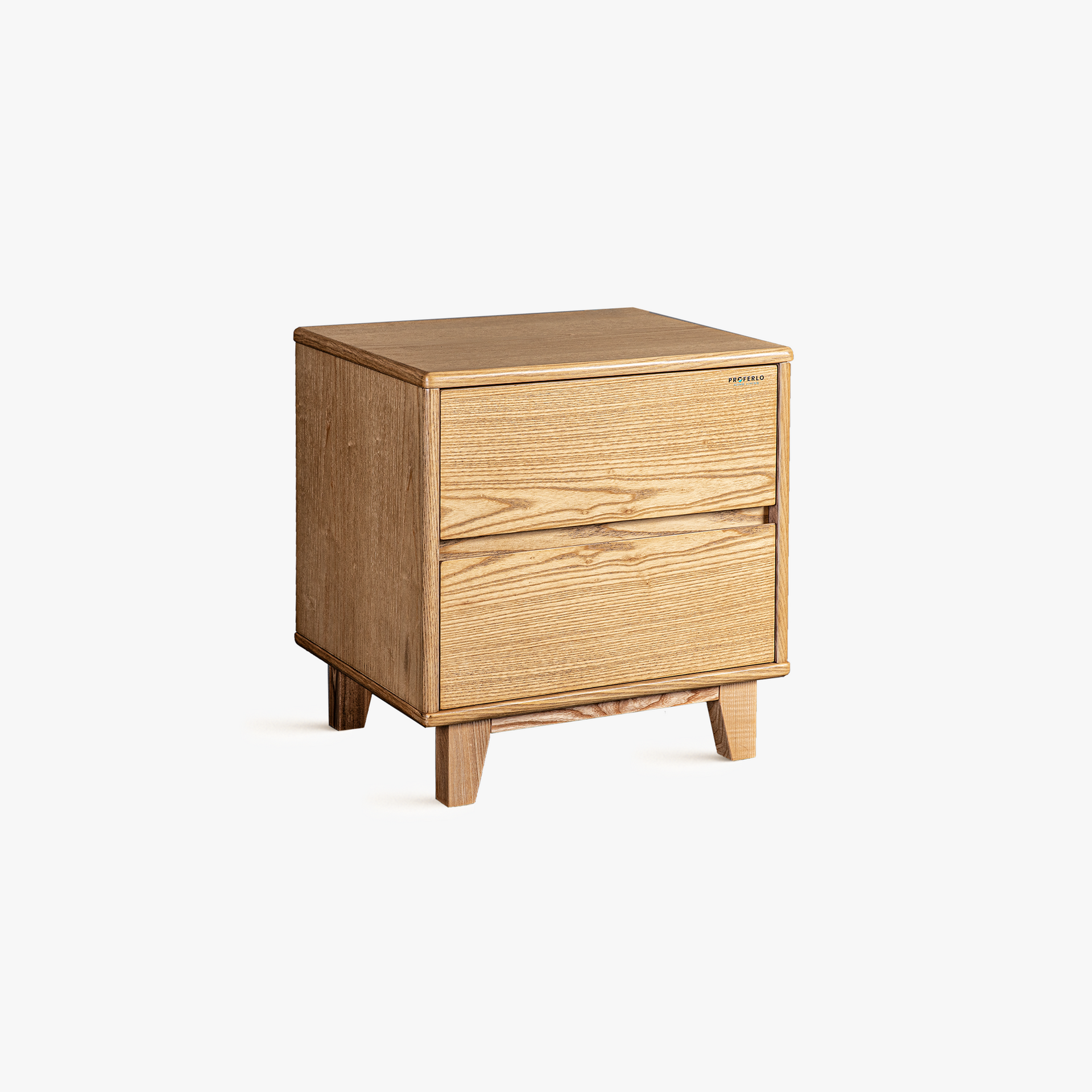 A natural wood finish bedside table with two drawers and angled legs in a minimalist design.