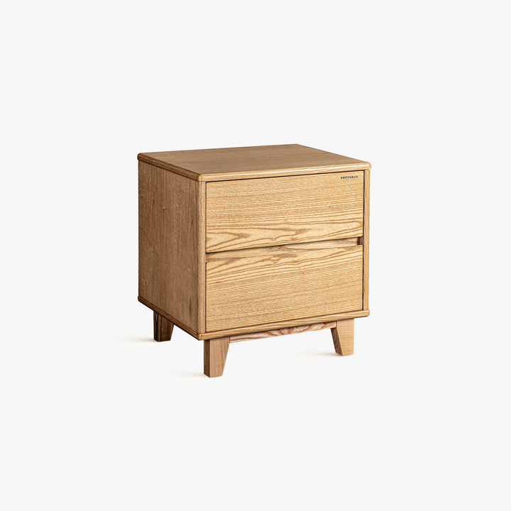 A natural wood finish bedside table with two drawers and angled legs in a minimalist design.