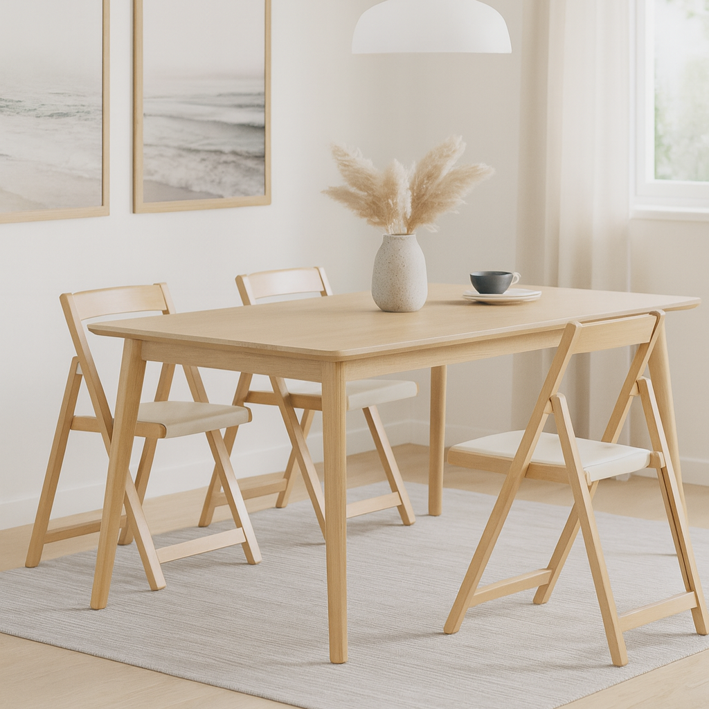 Lecce Foldable Dining Chair with cushion seat, Wood & Beige, Set of 2