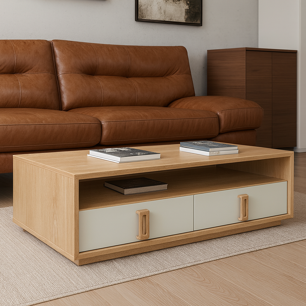 Savona 2 Drawer coffee table, 1.2M, Oak & White
