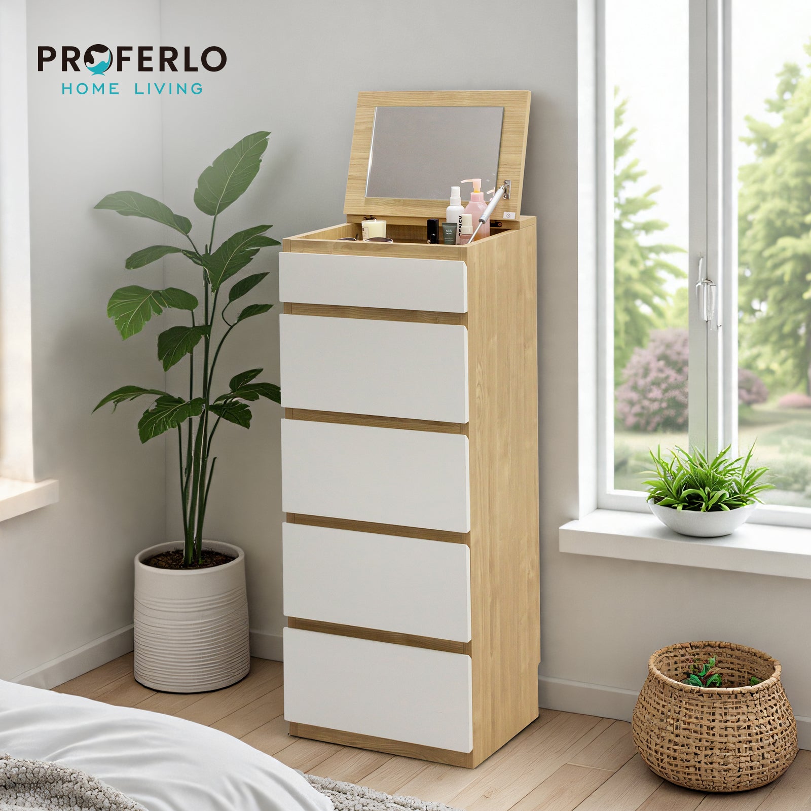 Sotta 5 Drawers Slimboy with Mirror, Oak and White