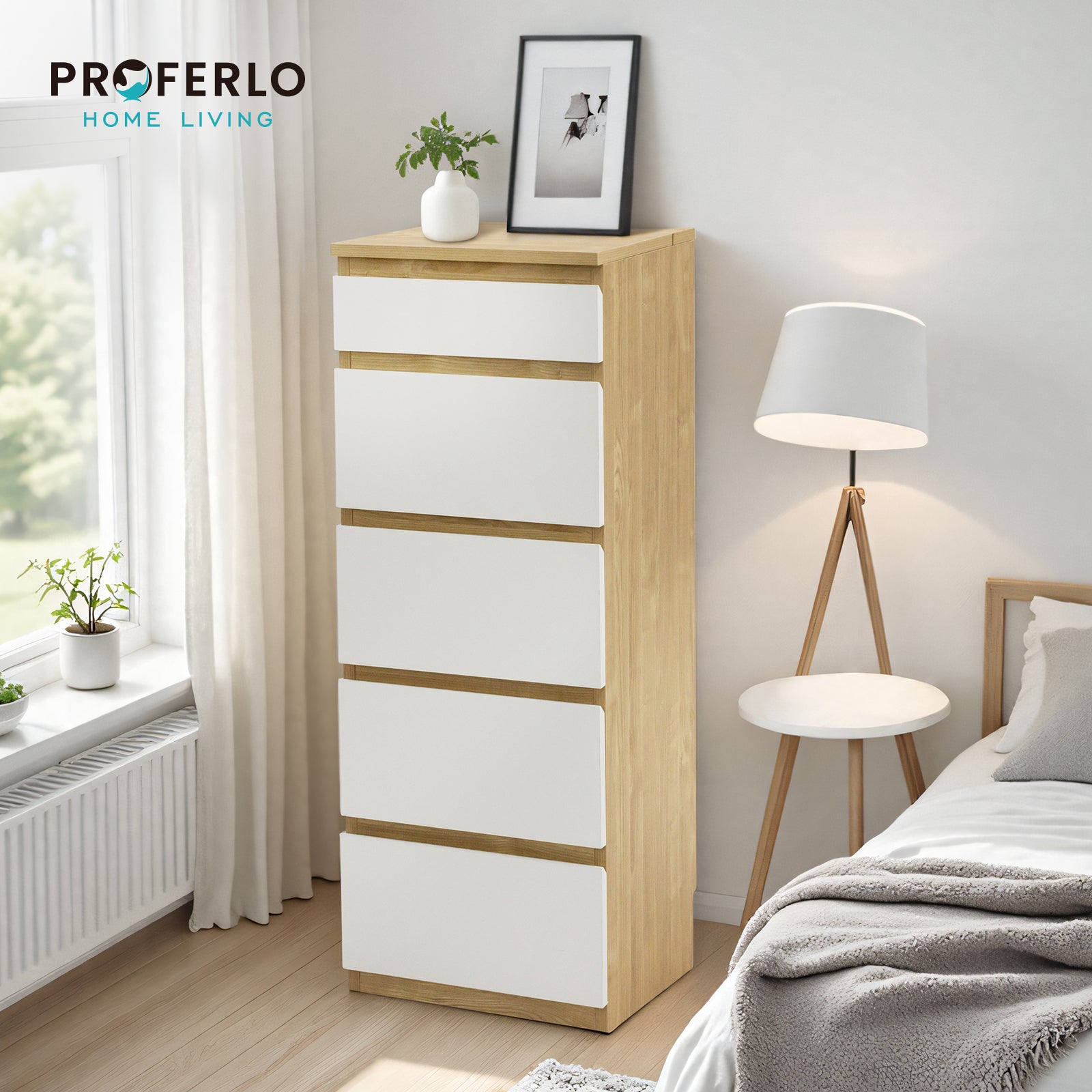 Sotta 5 Drawers Slimboy with Mirror, Oak and White