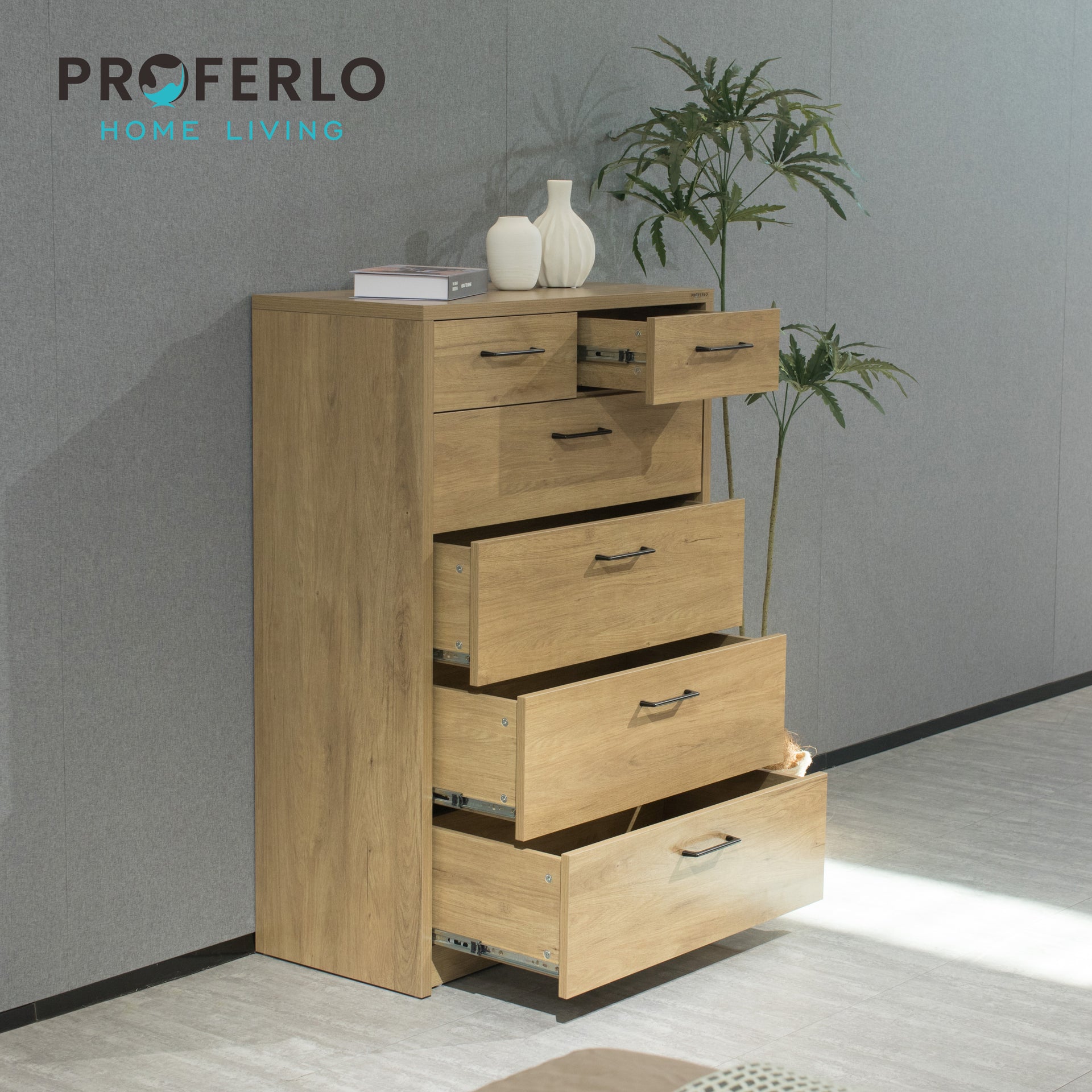 Platsa 6 Drawer Tallboy, Grey Oak