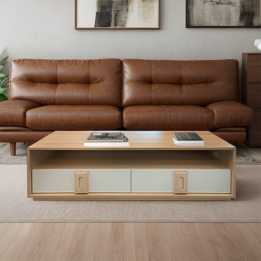 Savona 2 Drawer coffee table, 1.2M, Oak & White