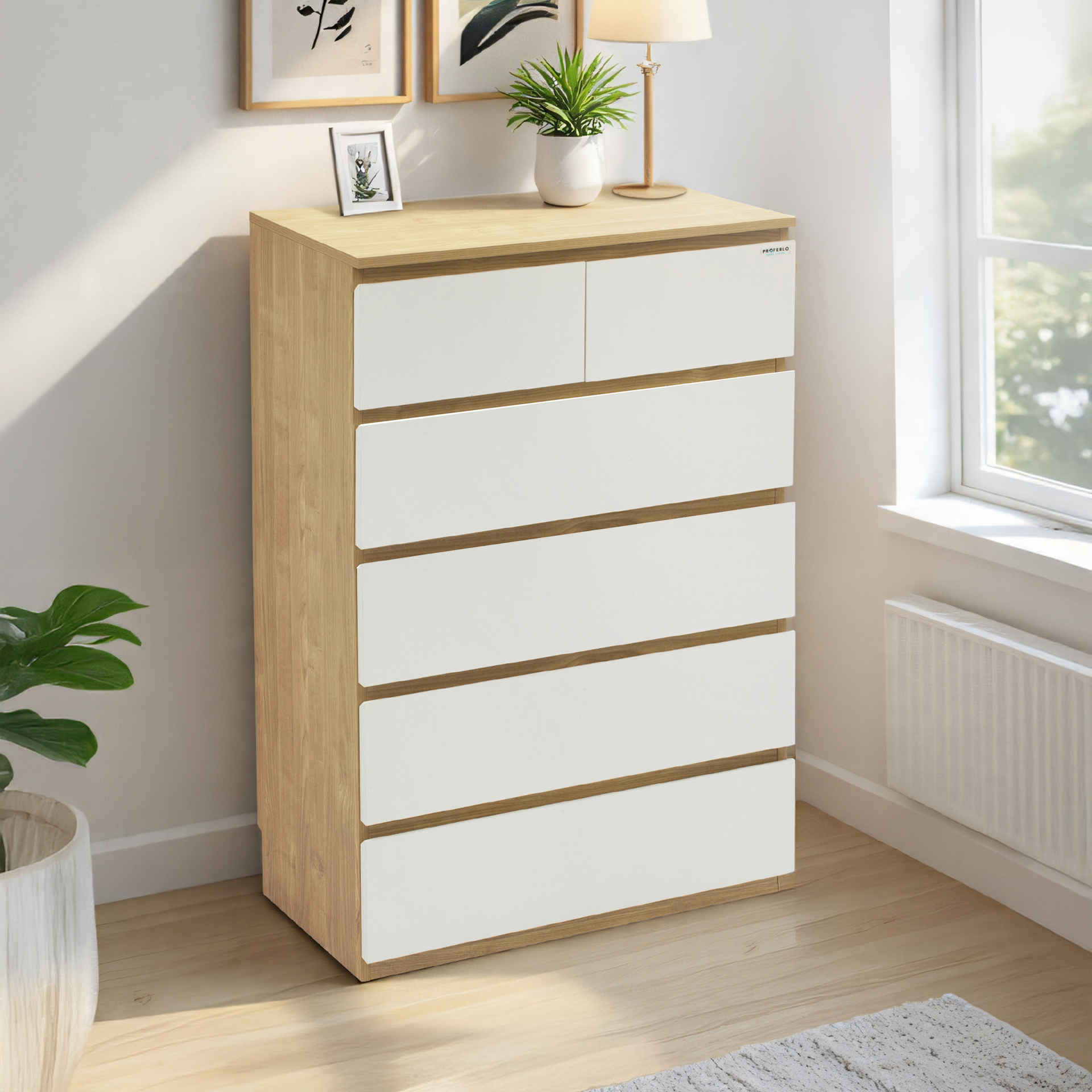 Sotta 6-Drawer Tallboy, Oak & White