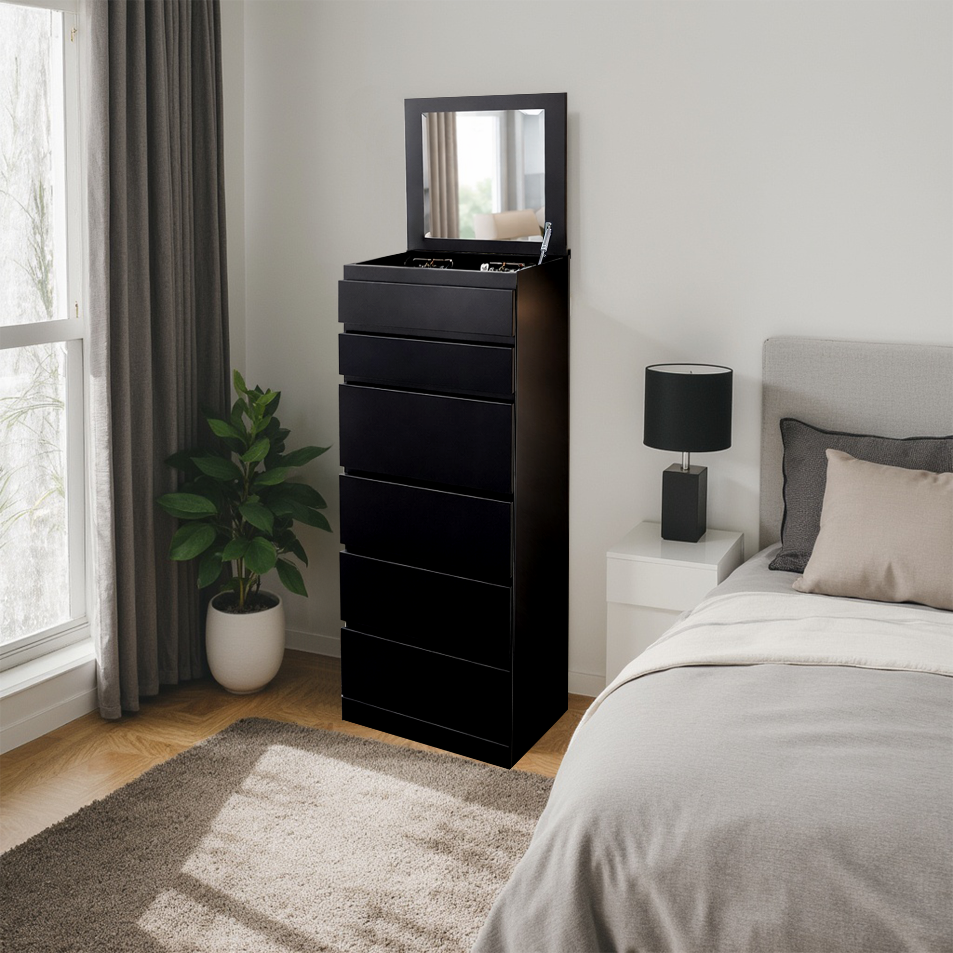 Siena 6 Drawers Slimboy with Mirror, Black