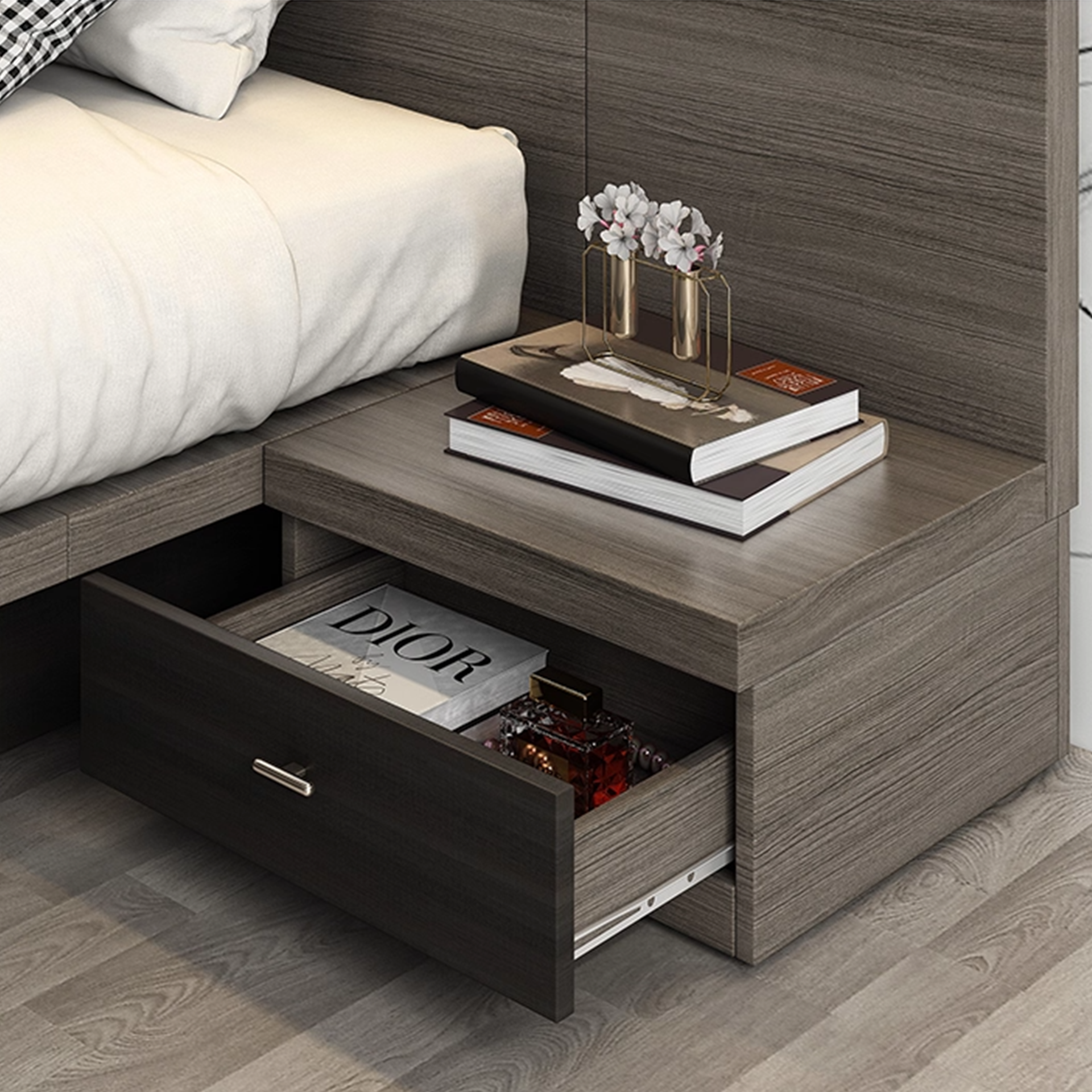 Ovada 3pc King Bedroom Set – Slate Grey Storage Bed with Bedside Tables