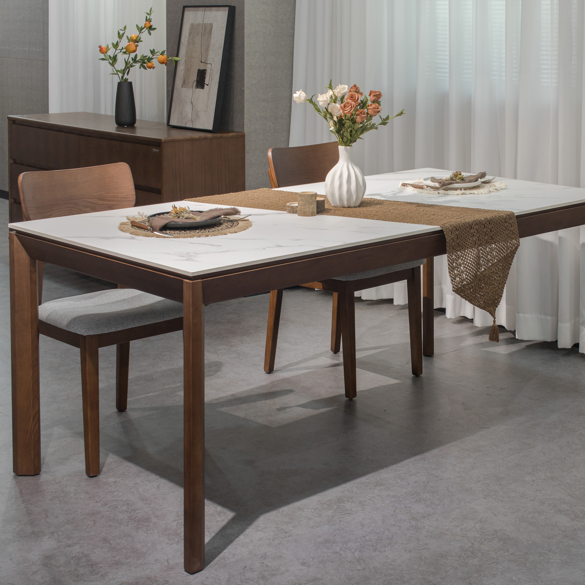 Arezzo Standard Dining Table with Ceramic Top, Claro walnut/White