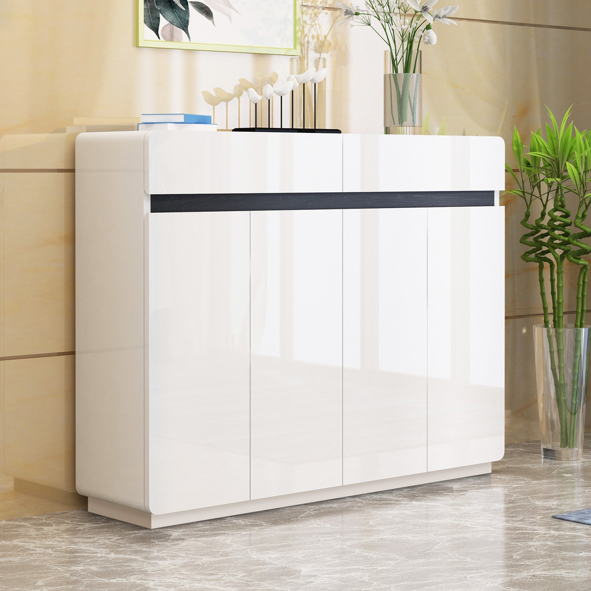 Padua 4 Door Shoe Cabinet With 2 Drawers, White, 1200x315x1000mm