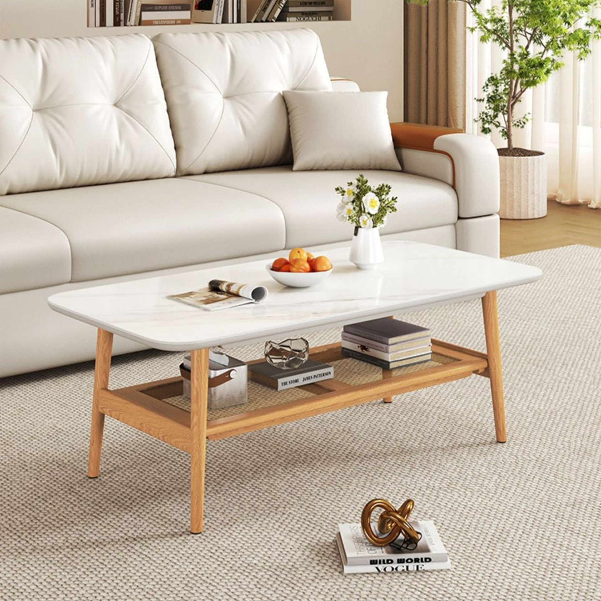 Remini Ceramic top Coffee Table, 1.2M, White & Wood