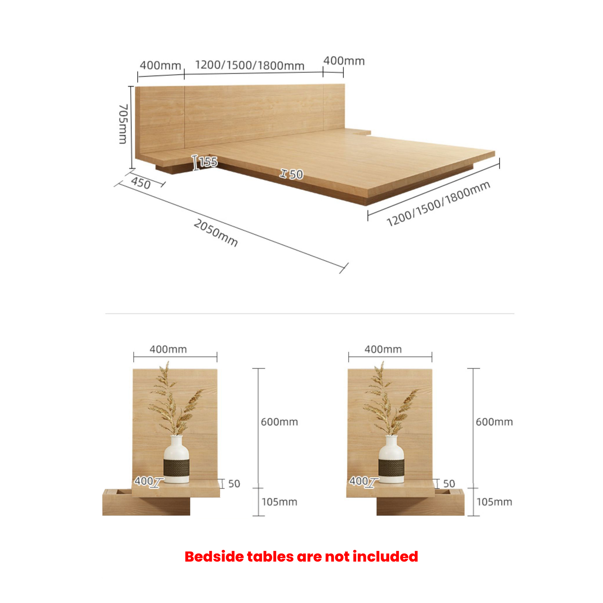 Masa Japanese Bed Base with Headboard, Queen, Oak