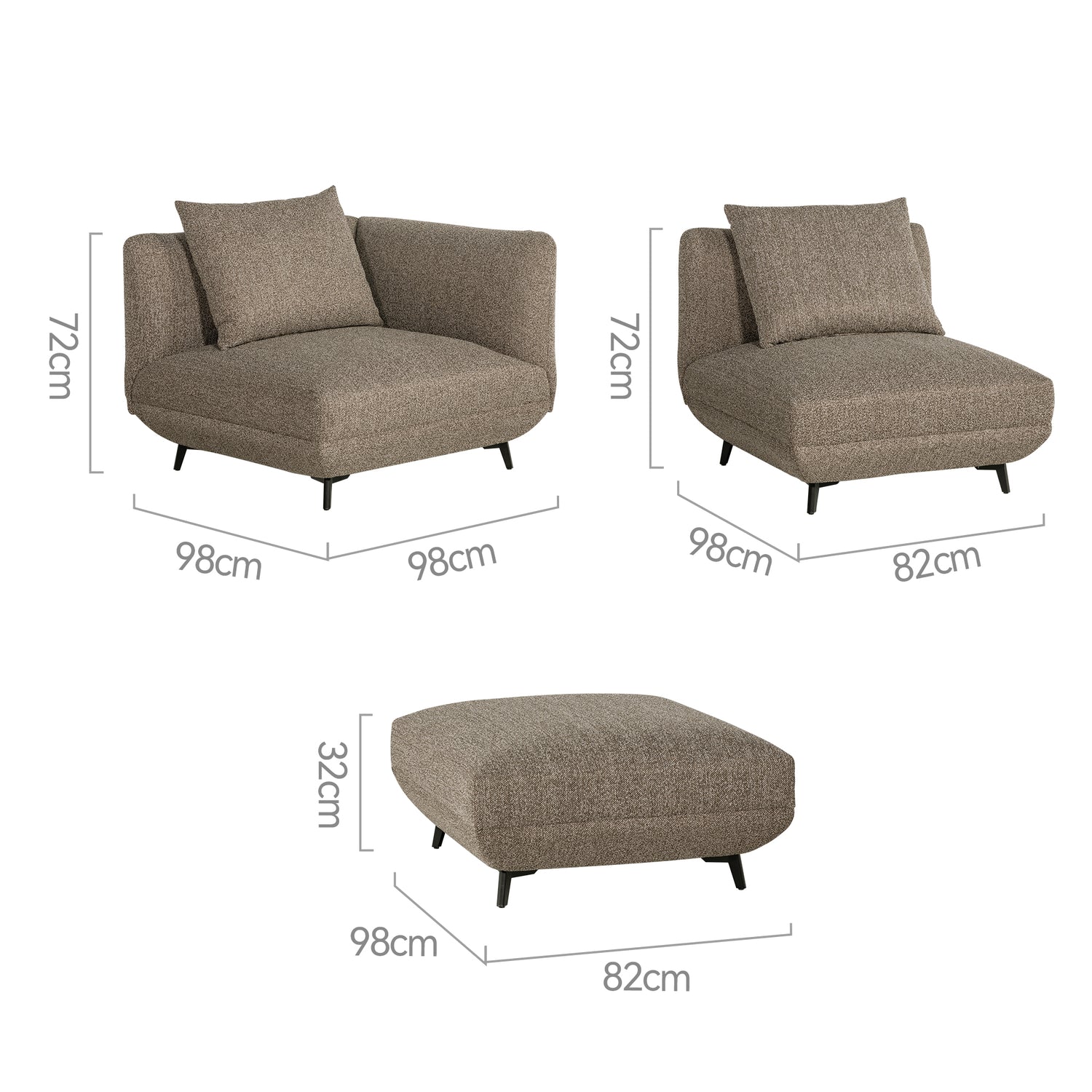 Novara brown fabric ottoman module with cushioned seat and black legs | Proferlo