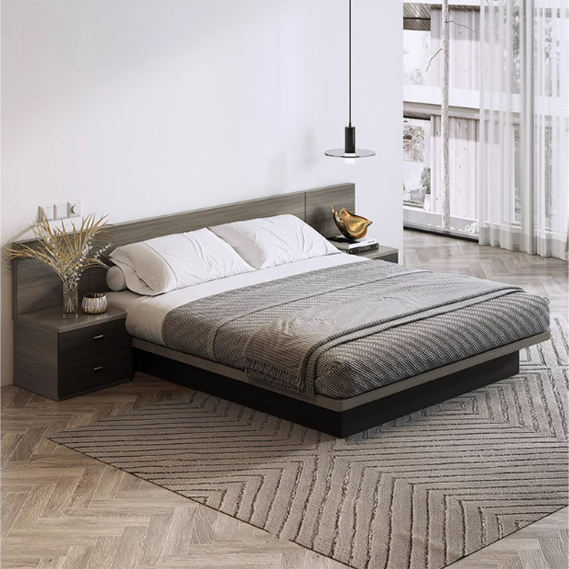 Ovada Queen Storage Bed Base with two 2 drawers Bedside Tables – Slate Grey Walnut (3pcs Set)
