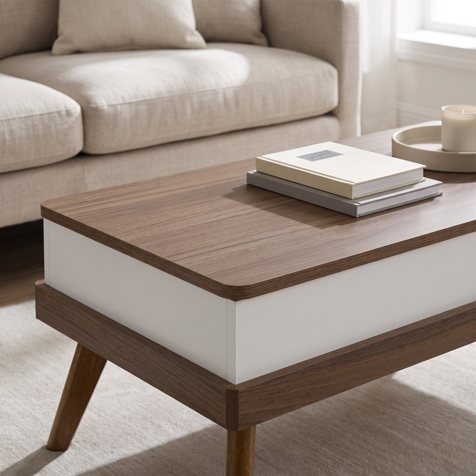 Apulia Lift Up Coffee Table, 1M, Cass Walnut & White