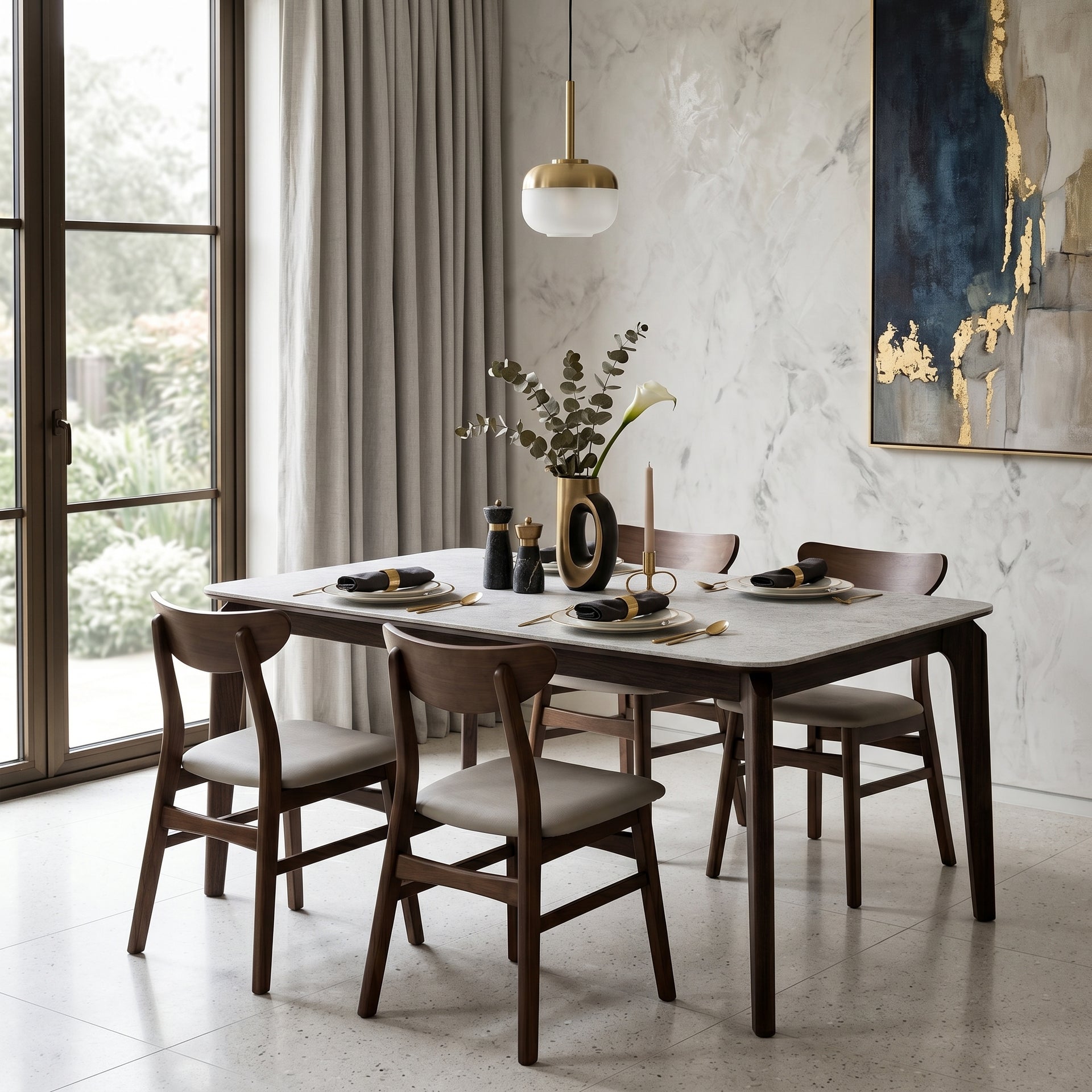 Arezzo-C Microcrystalline stone Dining Table, White & Walnut, 1.6M