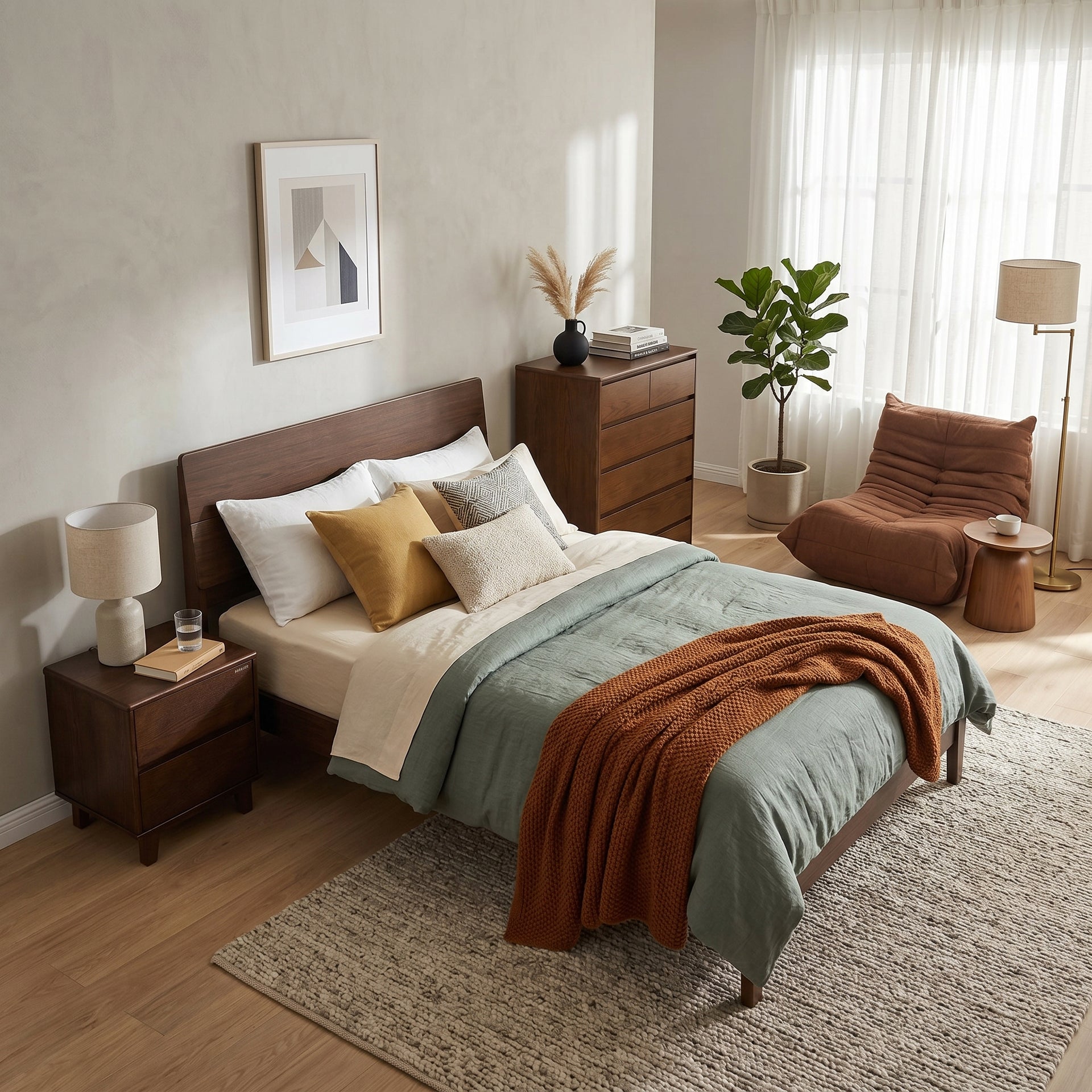 Arezzo Solidwood Bedframe with USB Charger, King, Claro walnut