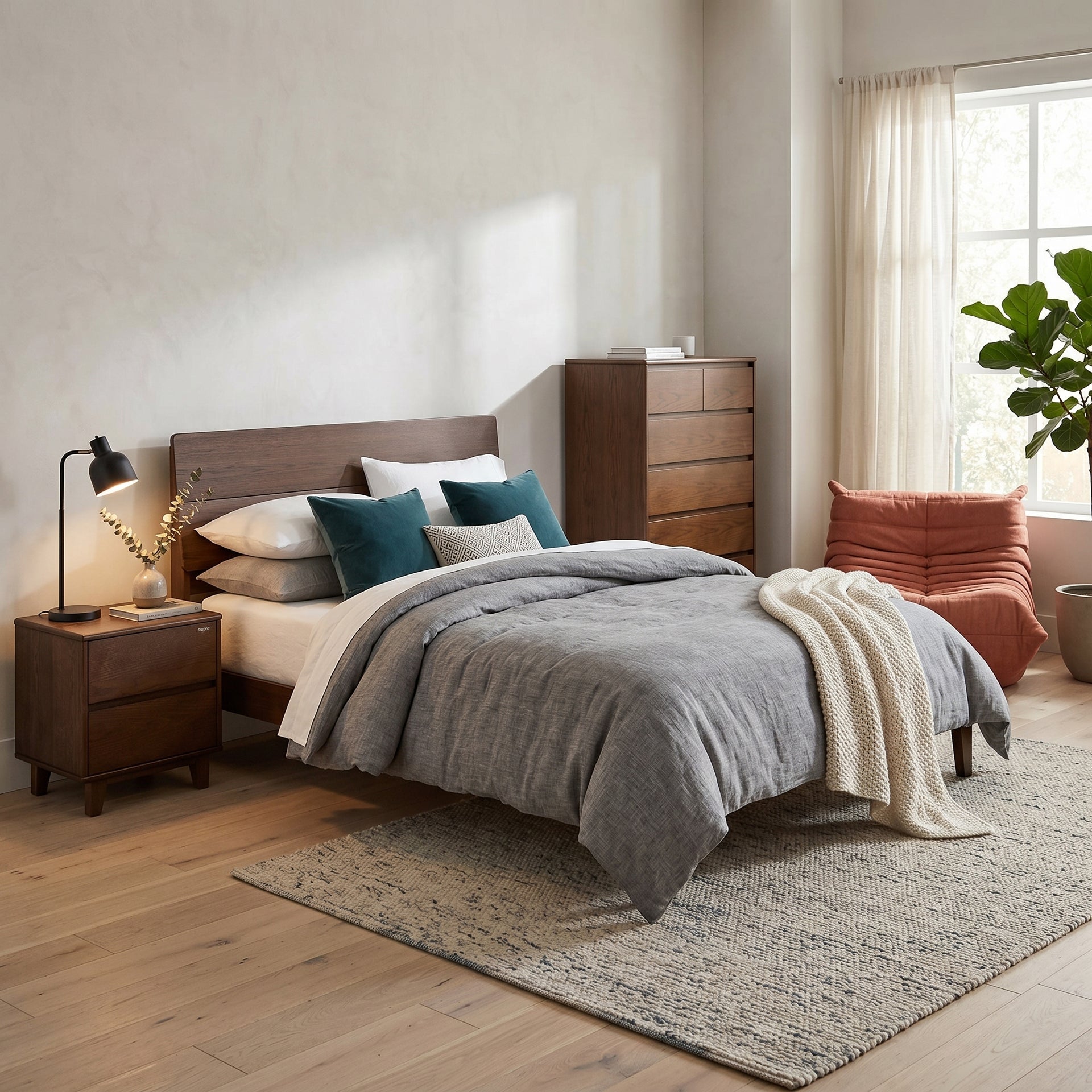 Arezzo Solidwood Bedframe with USB Charger, Queen, Claro walnut
