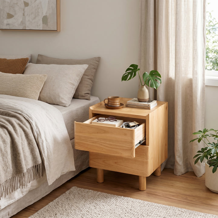 Aria natural wood bedside table with two drawers and rounded solid wood legs | Proferlo
