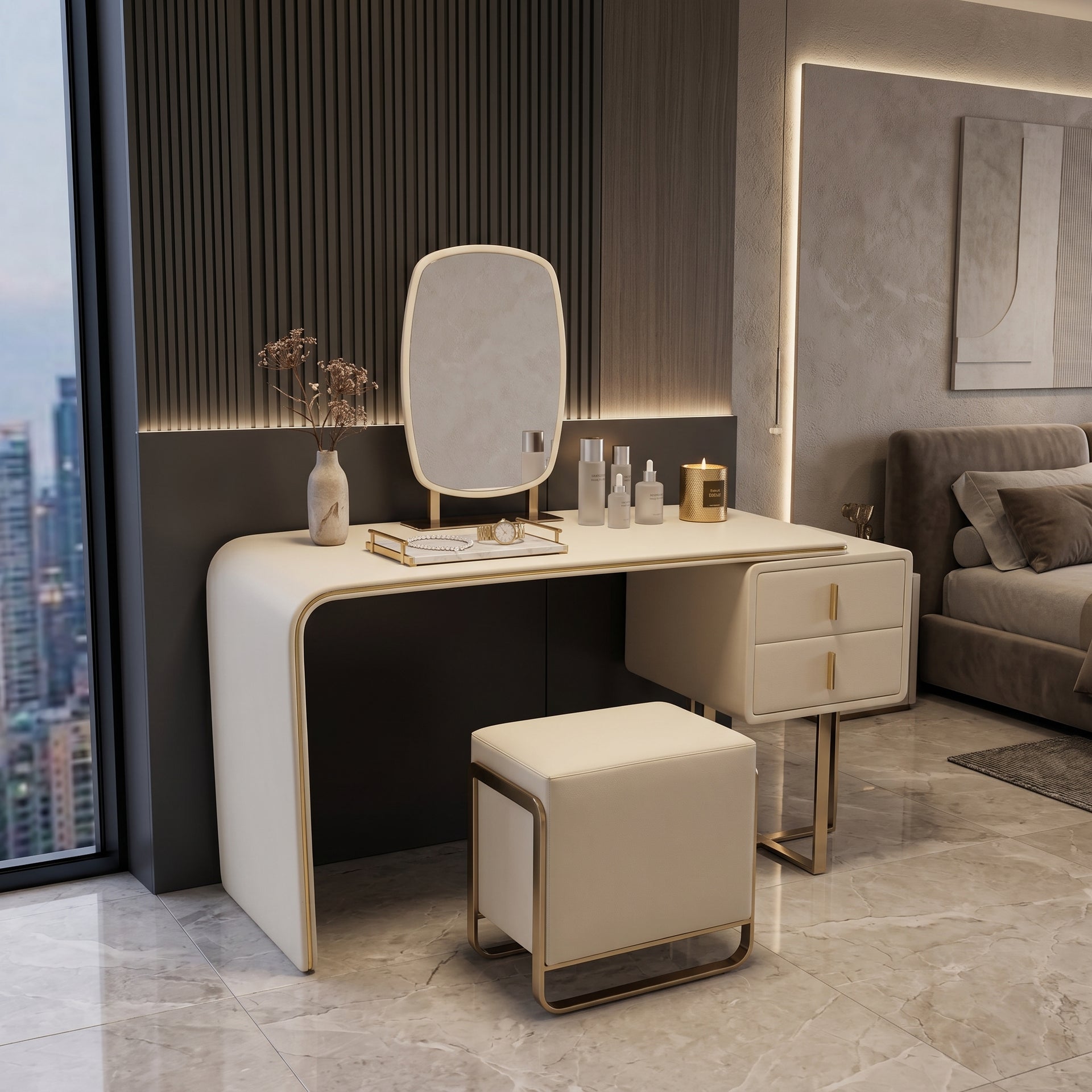 Arona Dresser with Stool and Mirror