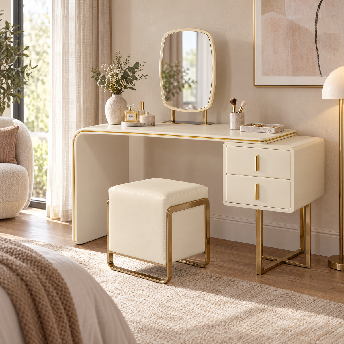 Arona Dressing Table Set, Beige & Gold