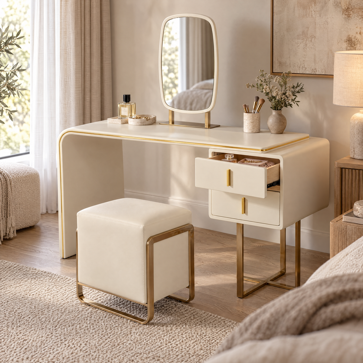 Arona Dressing Table Set, Beige & Gold