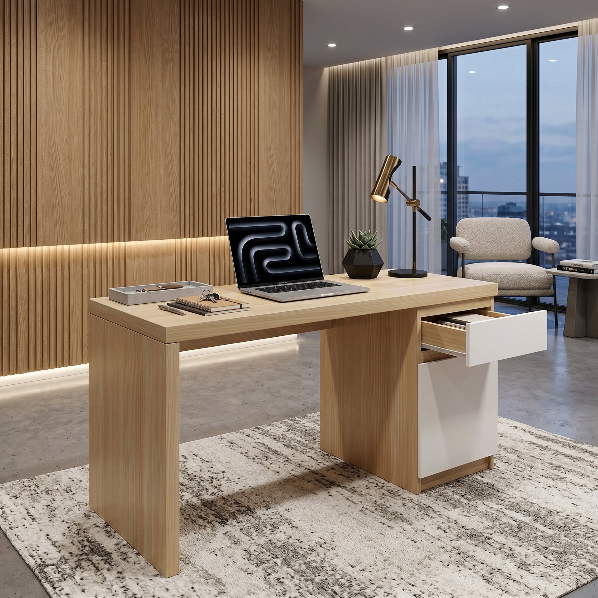 Artic Office Desk with Drawer, Oak and White