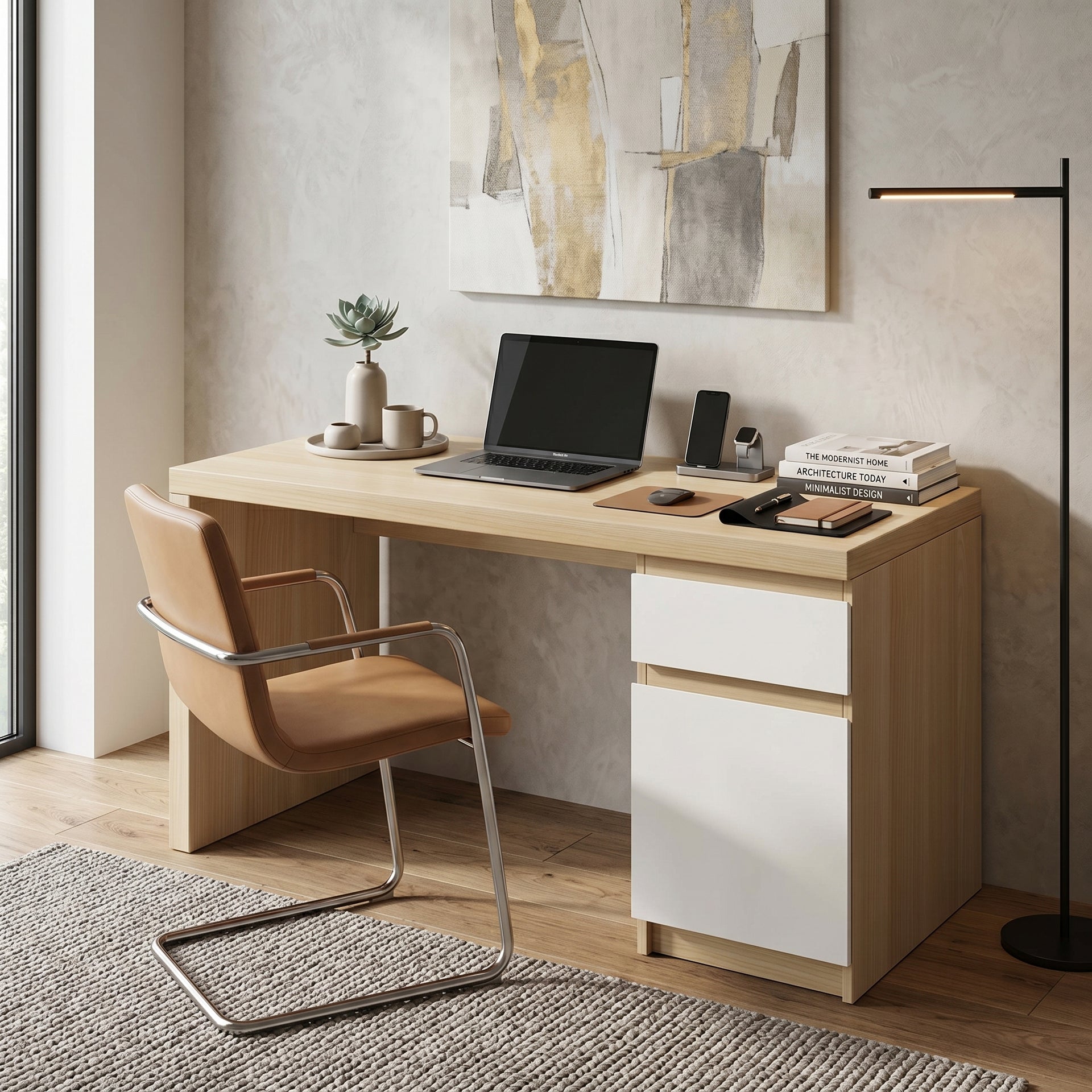 Artic Office Desk with Drawer, Oak and White