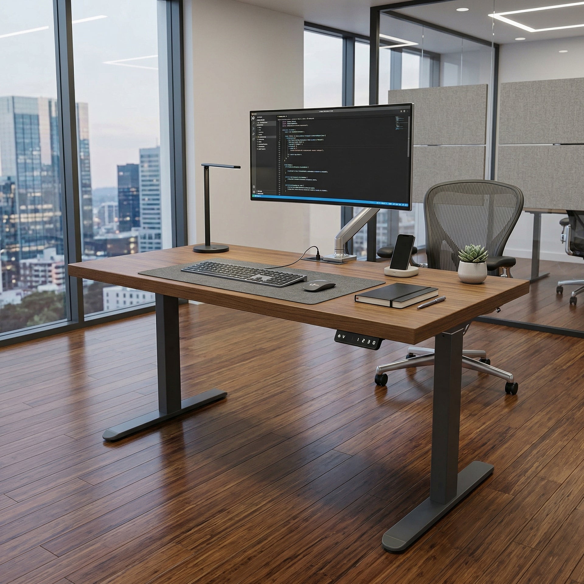 Asti Electric Standing Desk, 1.4M, Golden Walnut & Grey, with Charger