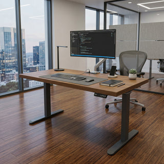 Asti electric standing desk with wood desktop, black adjustable frame and built-in power controls | Proferlo