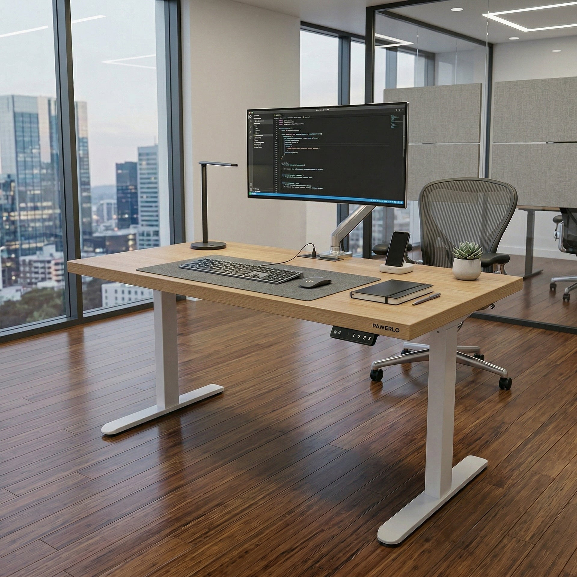 Asti Electric Standing Desk, 1.4M, Oak & White, with Charger