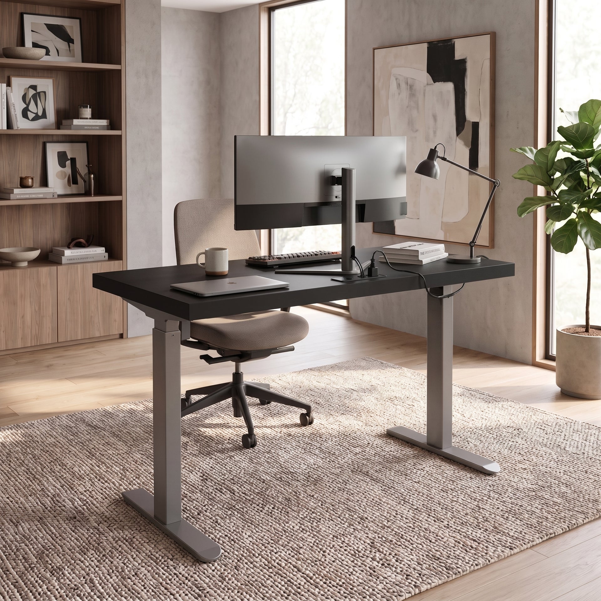 Asti Electric Standing Desk w Charger, 1.4M, Black & Grey