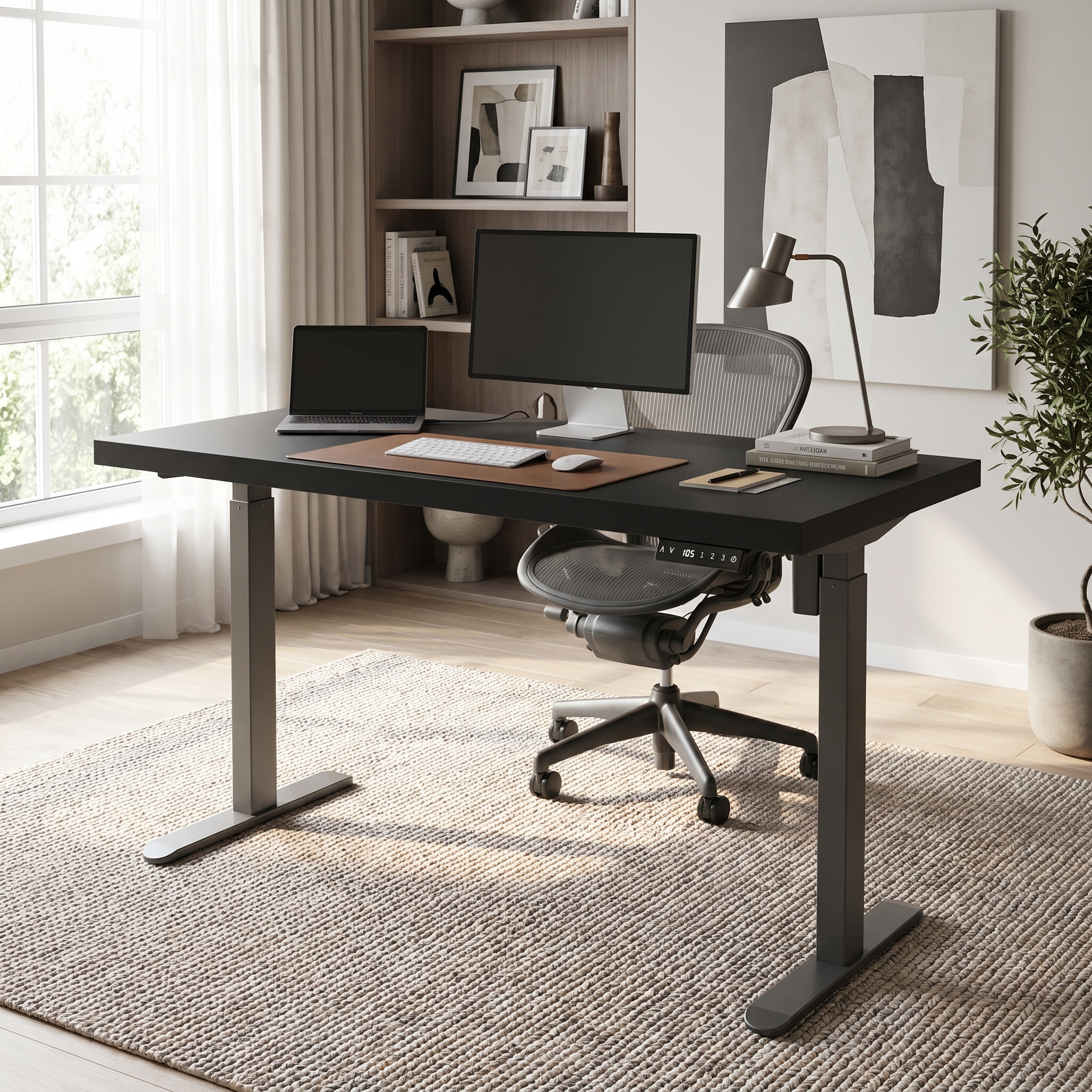 Asti Electric Standing Desk w Charger, 1.4M, Black & Grey