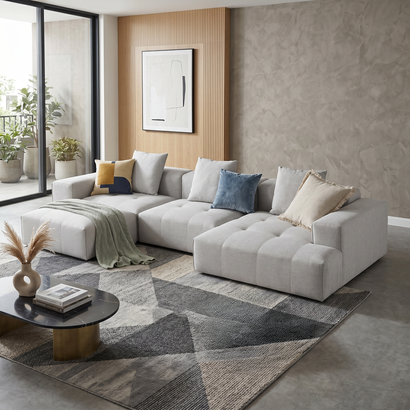 Bonsa 5 Seater Sofa in light grey with left-hand chaise and ottoman | Proferlo