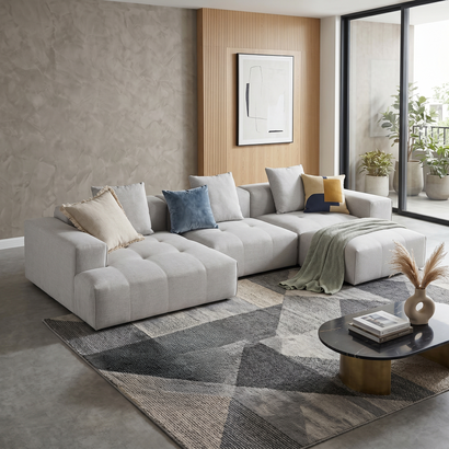 Bonsa 5 Seater Sofa in light grey with right-hand chaise and ottoman | Proferlo