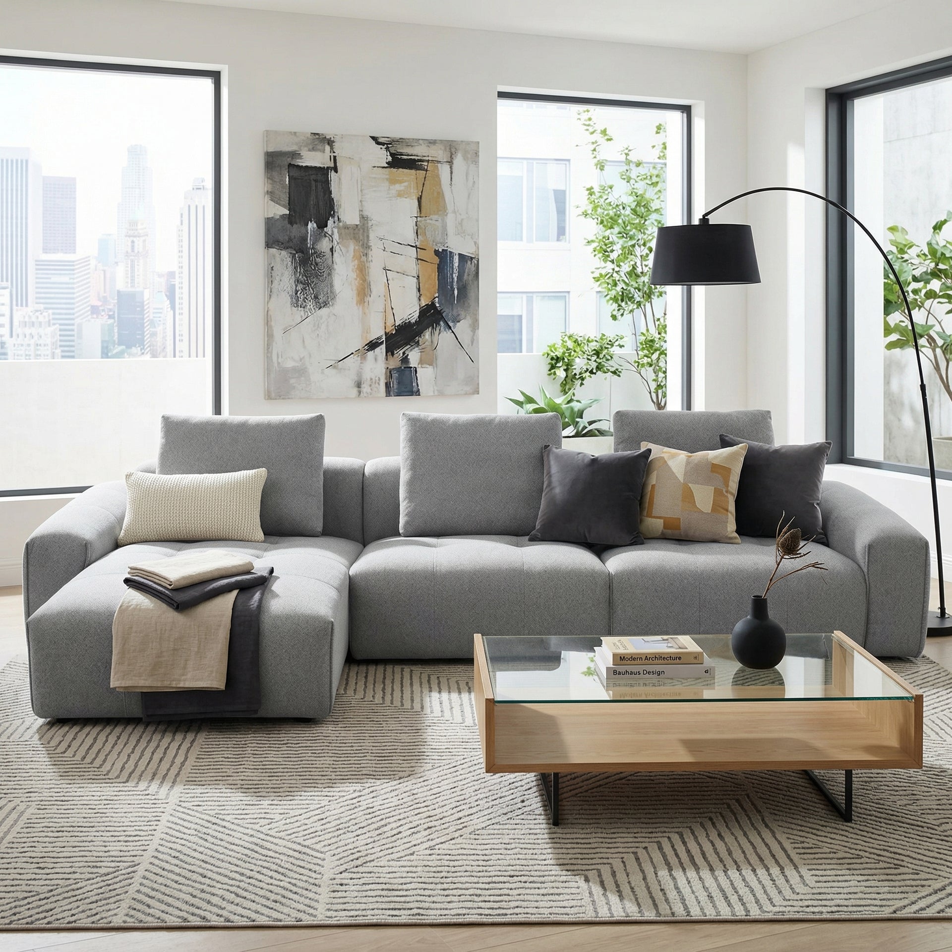 Bosa Lux Sectional Sofa with Adjustable Chaise, Grey White