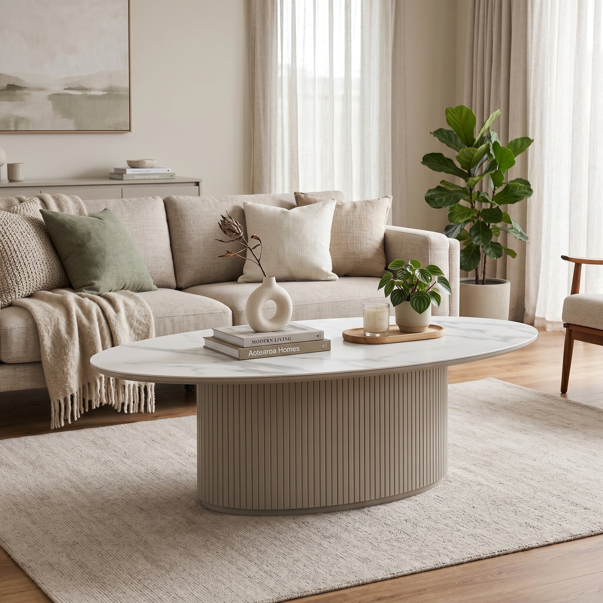 Bruil Oval coffee table 1.3M, Matte White & Khaki Grey