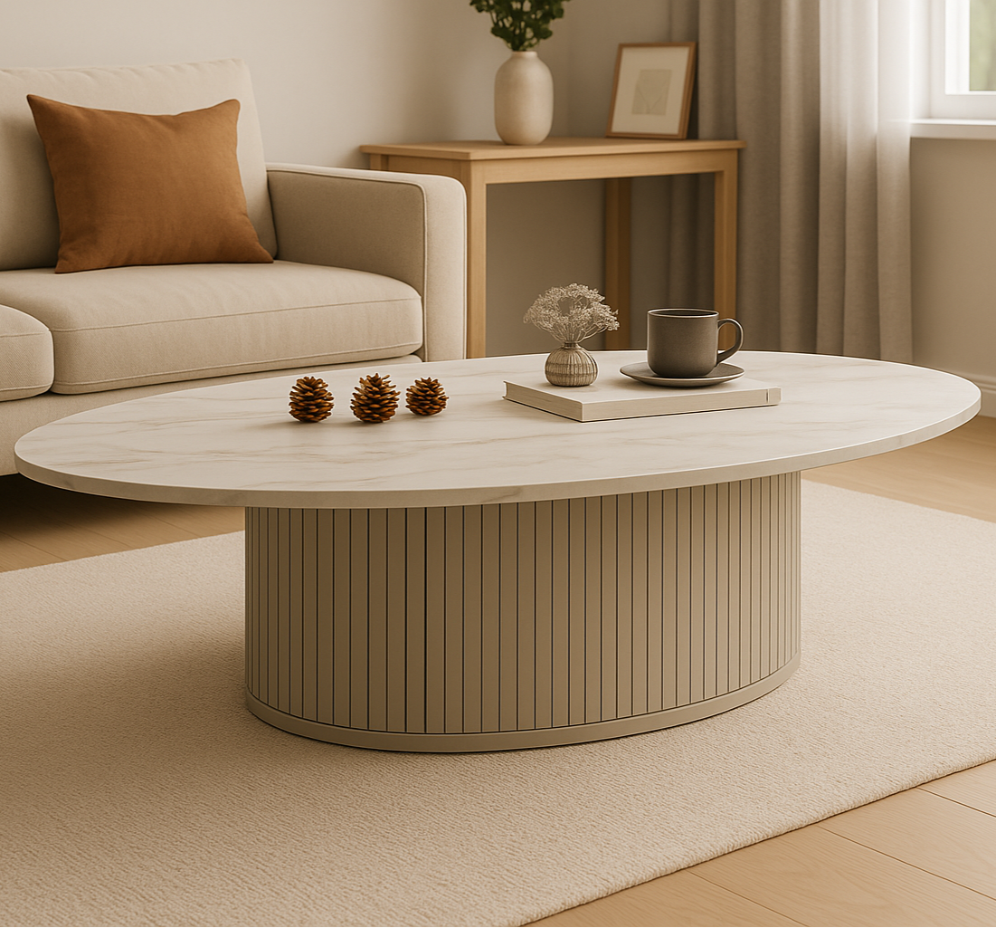 Bruil Oval coffee table 1.3M, Matte White & Khaki Grey