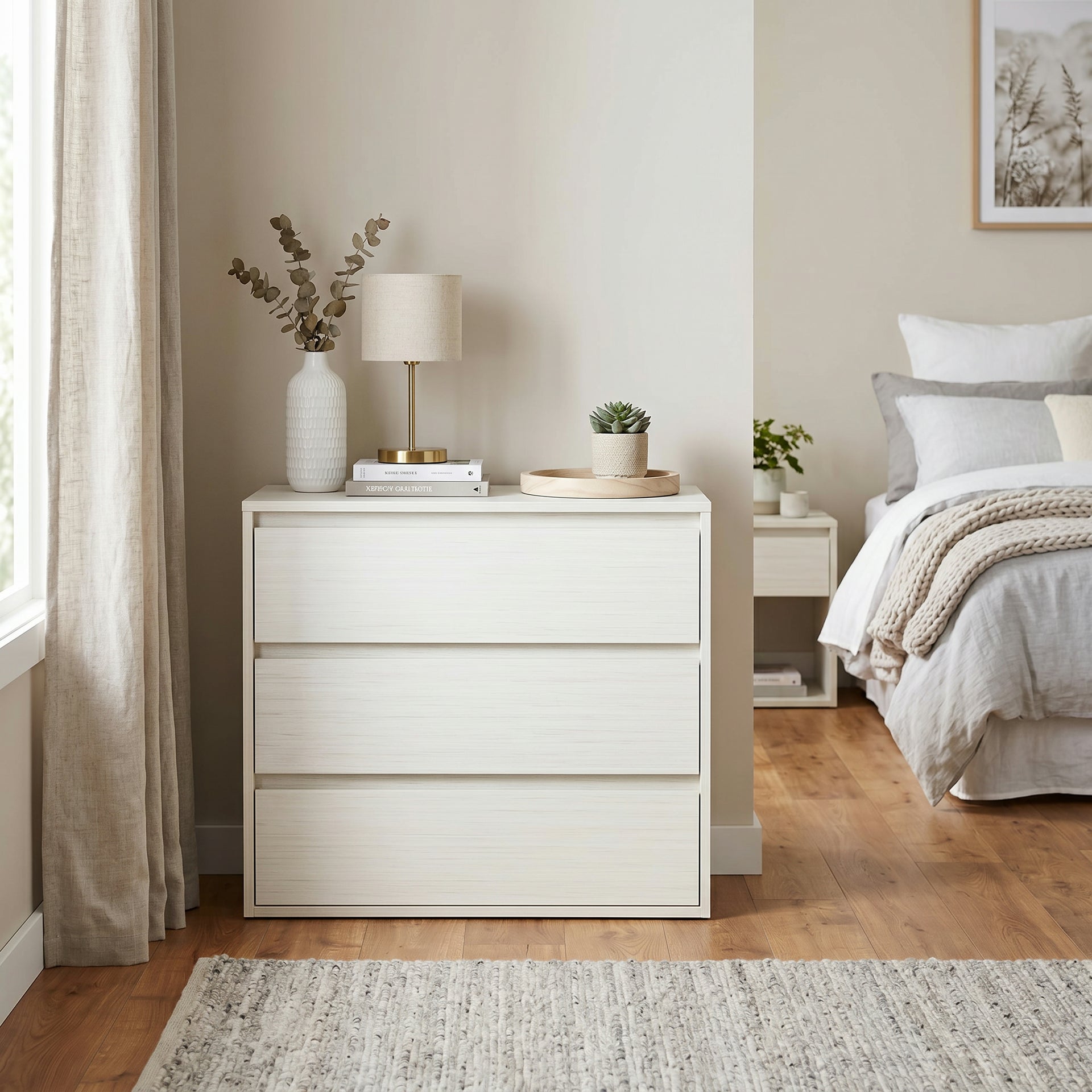 Cortona white 3 drawer lowboy chest with compact bedroom storage | Proferlo