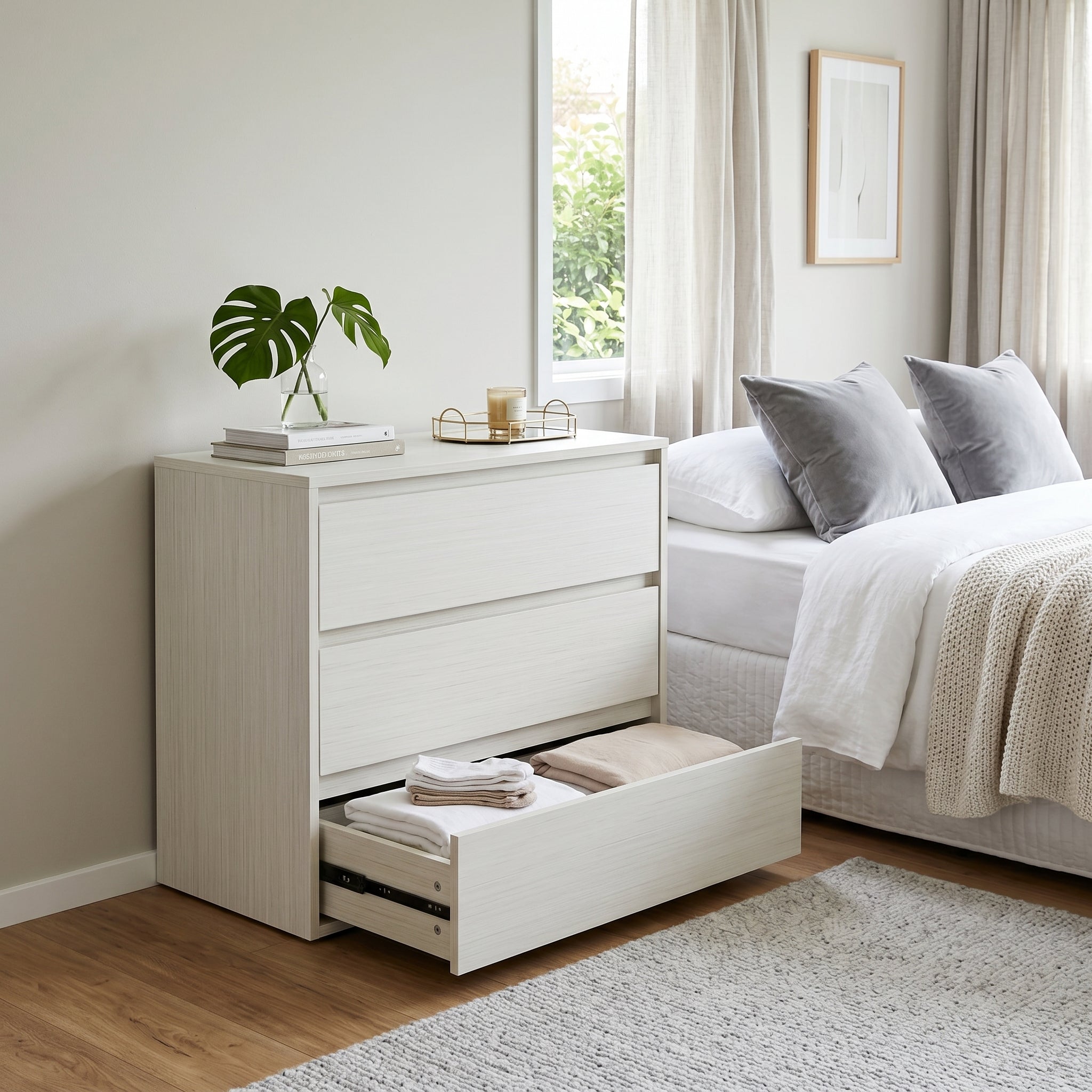 Cortona white 3 drawer lowboy chest with compact bedroom storage | Proferlo