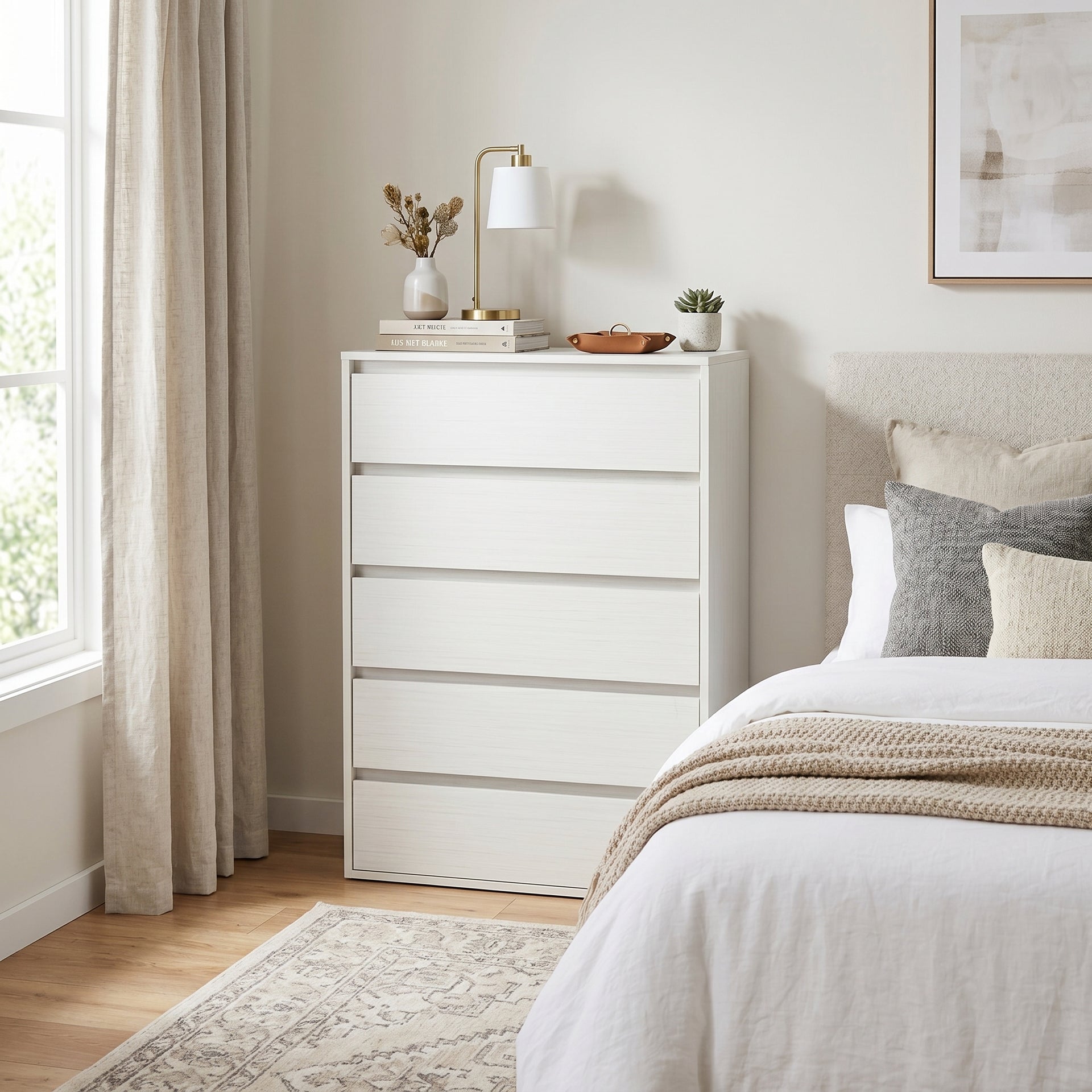 Cortona white 5 drawer tallboy chest with compact bedroom storage | Proferlo