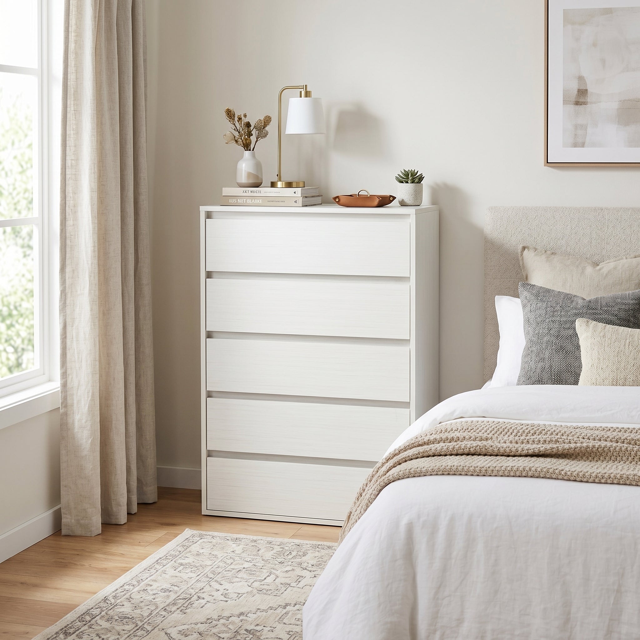 Cortona white 5 drawer tallboy chest with compact bedroom storage | Proferlo