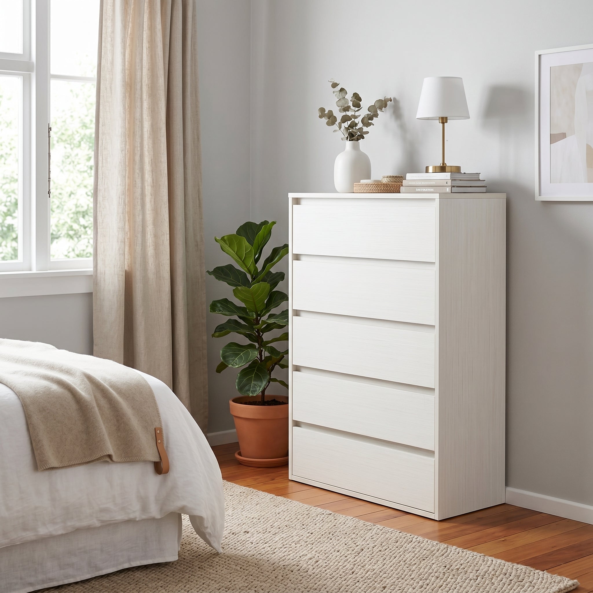 Cortona white 5 drawer tallboy chest with compact bedroom storage | Proferlo