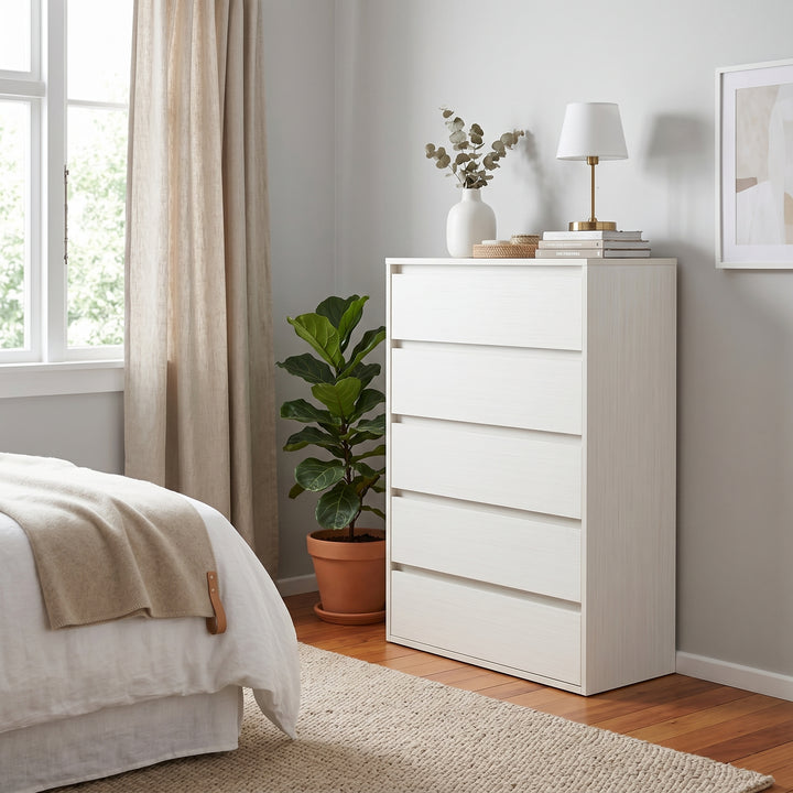 Cortona white 5 drawer tallboy chest with compact bedroom storage | Proferlo