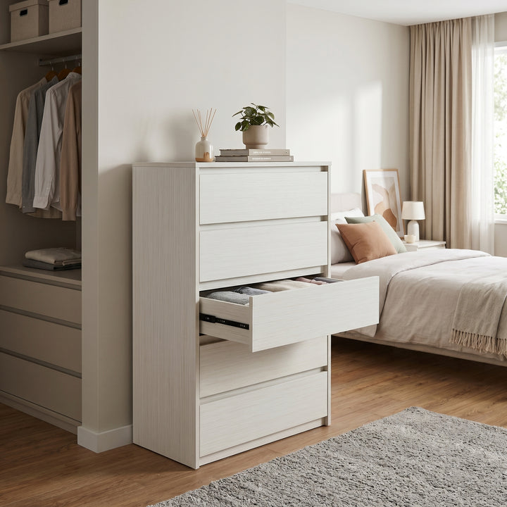 Cortona white 5 drawer tallboy chest with compact bedroom storage | Proferlo