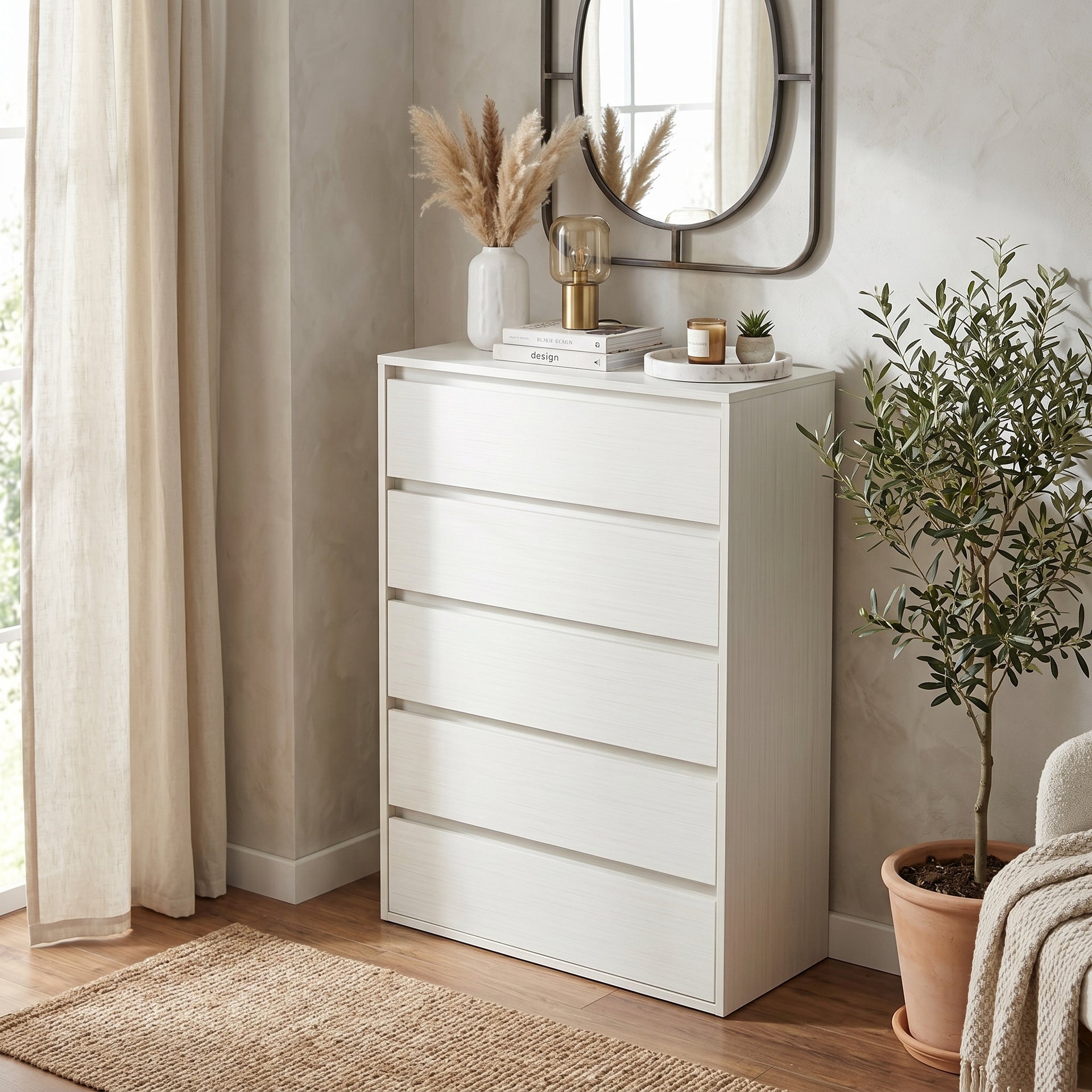 Cortona white 5 drawer tallboy chest with compact bedroom storage | Proferlo